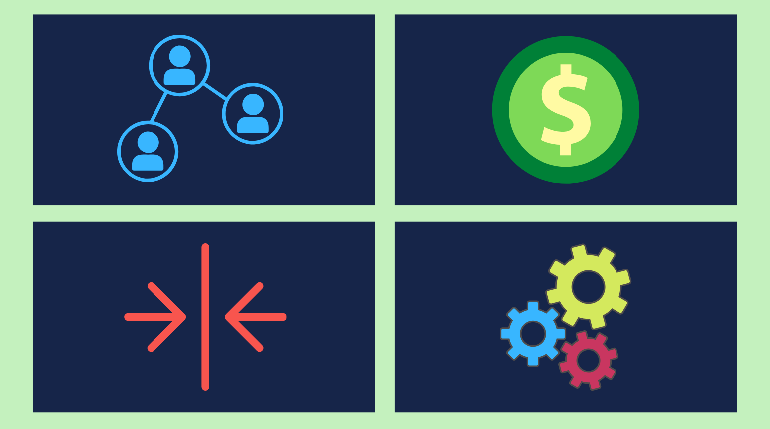 Network of three user icons connected by lines on a dark blue card to represent a group or network of people typically used for collaboration or contacts- use concise wording here for screen readers, be informative and contextual when used on a page with teams or networking content.